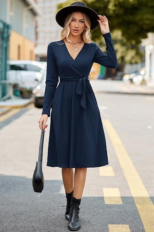 Women's Fall Work Dress, Teacher Church Business Casual Knit Midi Sweater Dress with Pockets and Belt 2026