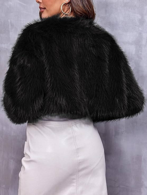 Womens Cropped Faux Fur Jacket, Fluffy Shaggy Long Sleeve Short Coat