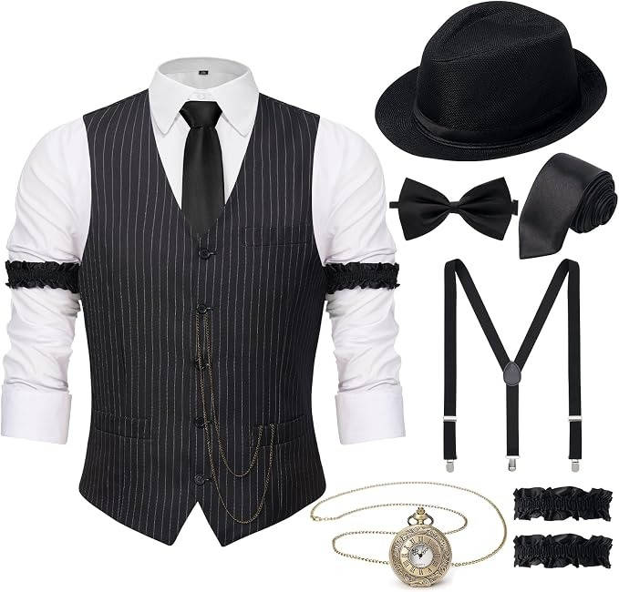 Mens 1920s Gatsby Costume, Roaring 20s Outfit, Vintage Vest and Hat Accessories