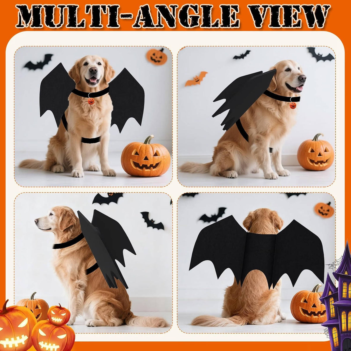 Dog Halloween Costume for Large Dogs, Bat Wings with Pumpkin Bell for Halloween Cosplay Parties and Dress Up