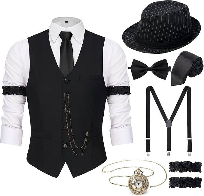 Mens 1920s Gatsby Costume, Roaring 20s Outfit, Vintage Vest and Hat Accessories
