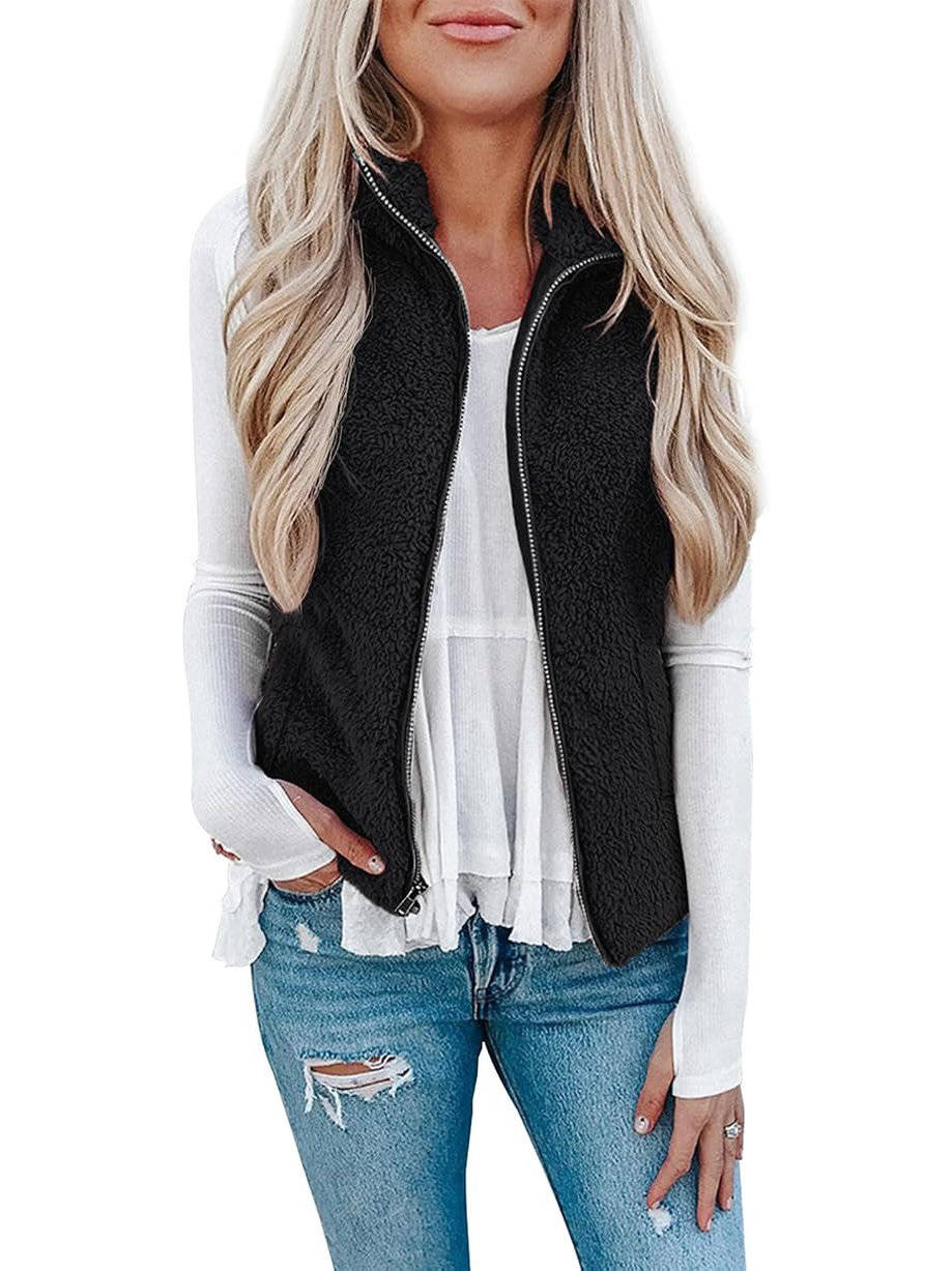 Womens Sherpa Fleece Vest, Fuzzy Lightweight Sleeveless Zipper Jacket with Pockets