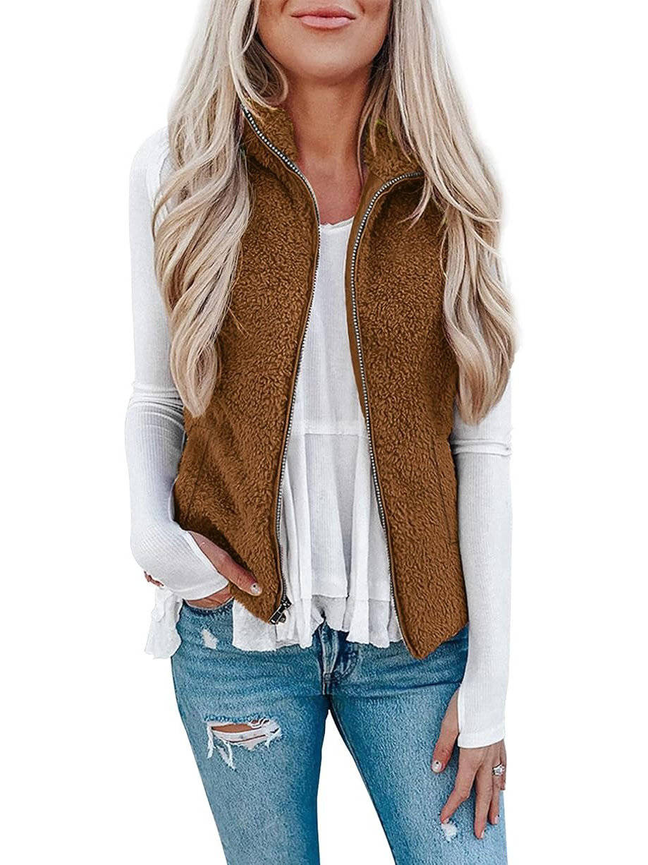 Womens Sherpa Fleece Vest, Fuzzy Lightweight Sleeveless Zipper Jacket with Pockets
