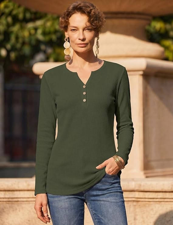 Women's Long Sleeve Waffle Knit Shirts, Dressy Casual Loose Button Up V Neck Tops, Fall Basic Tee Blouse