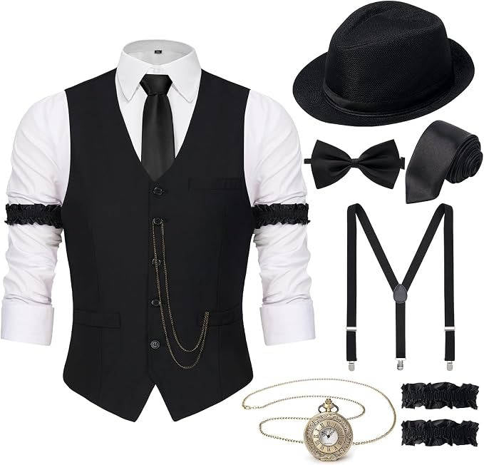 Mens 1920s Gatsby Costume, Roaring 20s Outfit, Vintage Vest and Hat Accessories