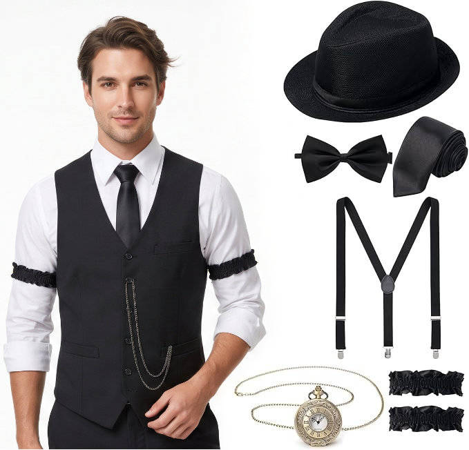 Mens 1920s Gatsby Costume, Roaring 20s Outfit, Vintage Vest and Hat Accessories