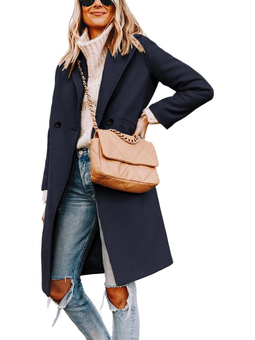 Womens Wool Peacoat, Double Breasted Coat with Notch Lapel