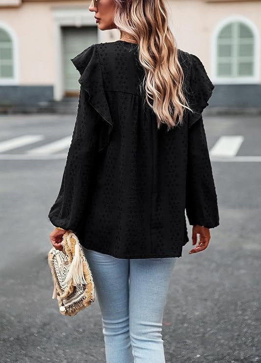 Women's Long Sleeve Shirts, Ruffle Swiss Dot Crochet Loose Fit Tunic, Dressy Casual Tops Blouse, Spring Fashion