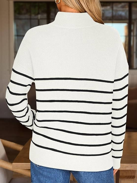 Womens Striped Quarter Zip Sweater - Oversized Mock Neck Knit Pullover