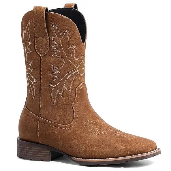 Mens Cowboy Boots, Western Boots with Embroidered Design, Slip Resistant Square Toe Chunky Heel Ankle Boots