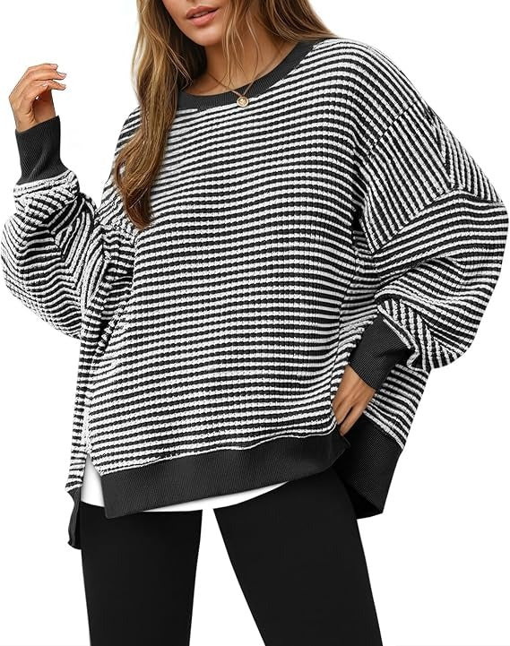 Womens Fall Oversized Sweatshirt, Casual Waffle Knit Long Sleeve Crewneck Split Pullover Tunic Tops