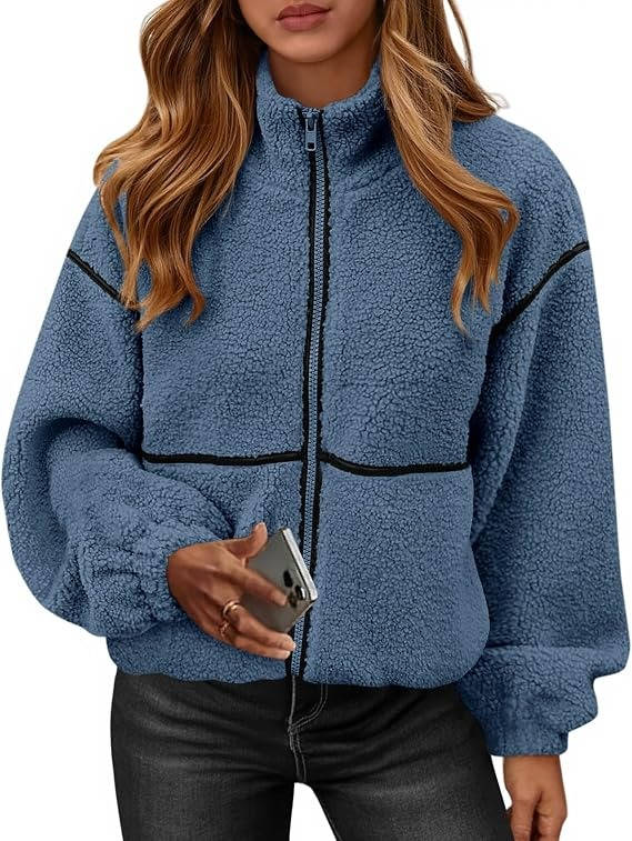 Womens Fleece Zip Up Jacket, Oversized Color Block Teddy Coat with Pockets, Warm Fall Winter Outerwear