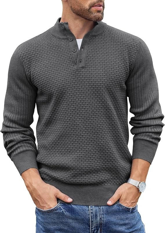 Mens Long Sleeve Henley Sweater, 4 Button Mock Neck Waffle Knit Pullover, Slim Fit Fall Winter Business Casual