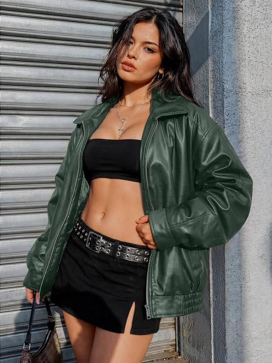 Womens Oversized Faux Leather Jacket, Boyfriend Biker Moto Coat, Medium Weight Fall Winter Outerwear