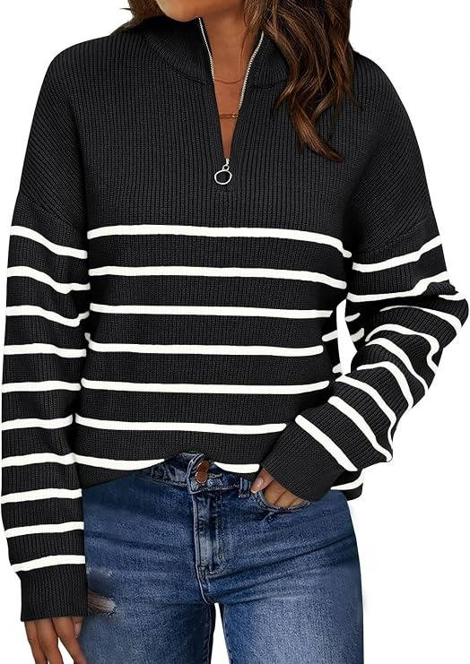 Womens Striped Quarter Zip Sweater - Oversized Mock Neck Knit Pullover