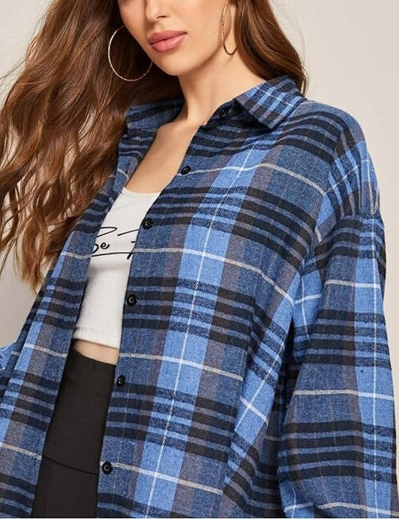 Women's Flannel Plaid Shirts, Oversized Button Down Shirt, Casual Flannel Blouse Top