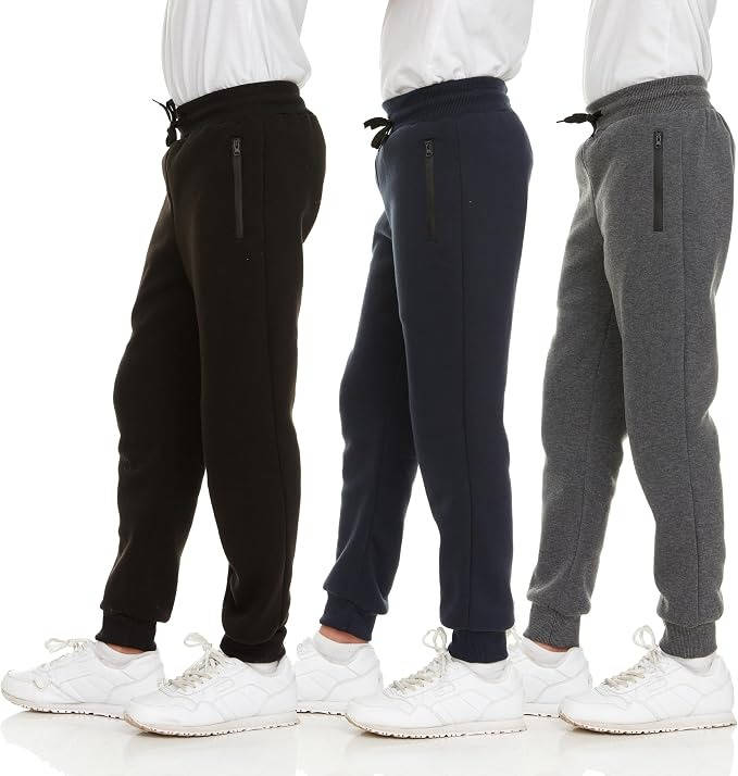 Boys Sweatpants 3 Pack, Fleece Joggers, Athletic Workout Pants with Zipper Pocket, Drawstring