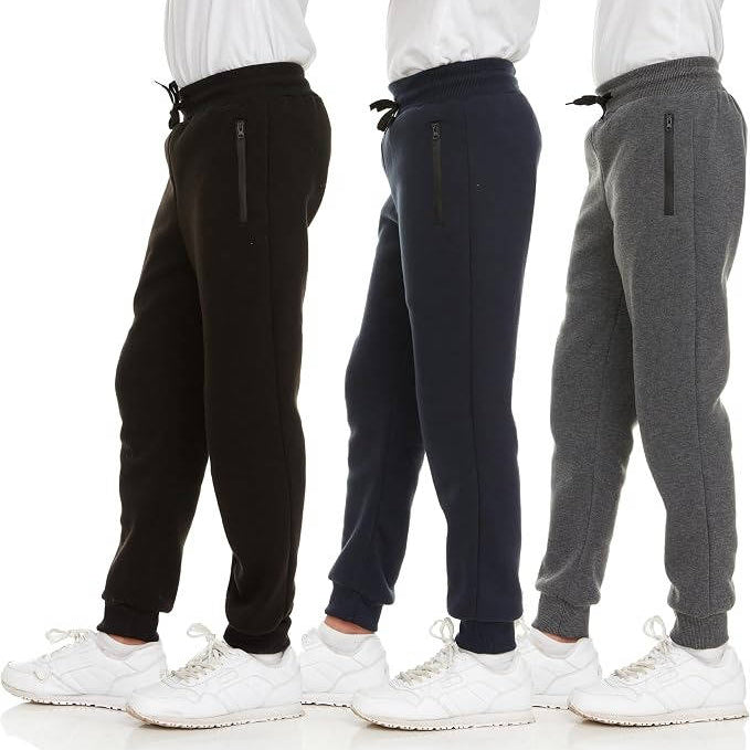 Boys Sweatpants 3 Pack, Fleece Joggers, Athletic Workout Pants with Zipper Pocket, Drawstring