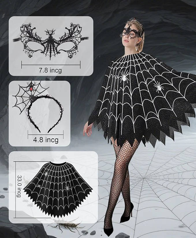 Spider Web Poncho for Women, Glow in the Dark Halloween Costume Dress with Headband and Mask for Cosplay