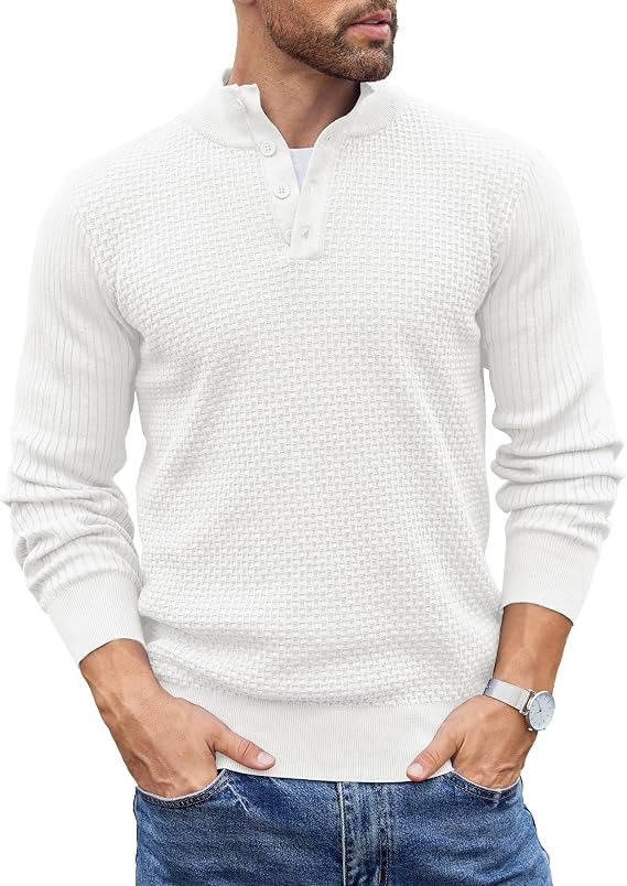 Mens Long Sleeve Henley Sweater, 4 Button Mock Neck Waffle Knit Pullover, Slim Fit Fall Winter Business Casual