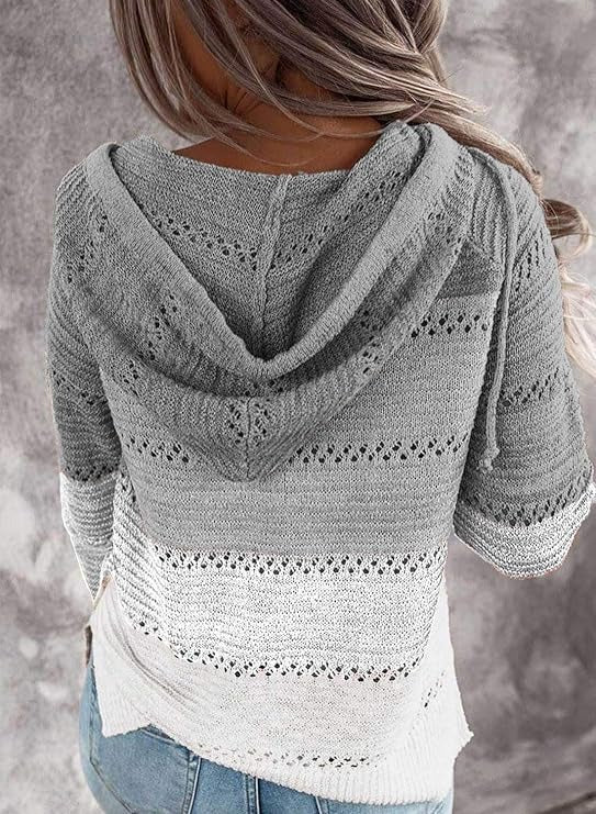 Womens Striped Crochet Sweater Hoodie, Long Sleeve Colorblock Lightweight Knit Pullover