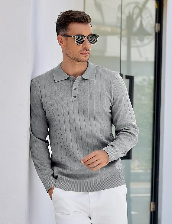 Mens Long Sleeve Knit Polo Shirt, 3 Button Lightweight Slim Fit Sweater, Casual Old Money Style