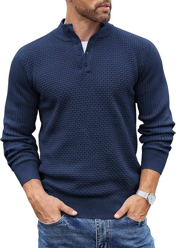 Mens Long Sleeve Henley Sweater, 4 Button Mock Neck Waffle Knit Pullover, Slim Fit Fall Winter Business Casual