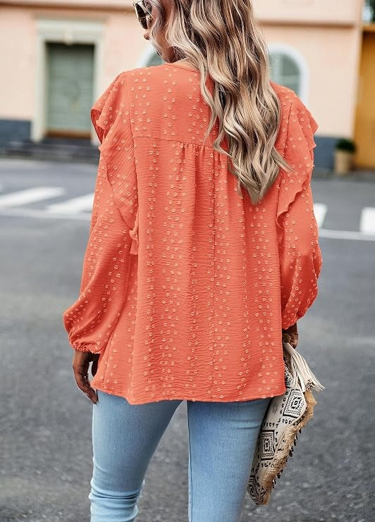 Women's Long Sleeve Shirts, Ruffle Swiss Dot Crochet Loose Fit Tunic, Dressy Casual Tops Blouse, Spring Fashion