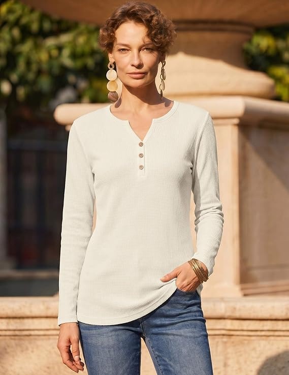 Women's Long Sleeve Waffle Knit Shirts, Dressy Casual Loose Button Up V Neck Tops, Fall Basic Tee Blouse