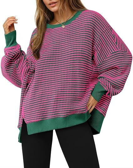 Womens Fall Oversized Sweatshirt, Casual Waffle Knit Long Sleeve Crewneck Split Pullover Tunic Tops