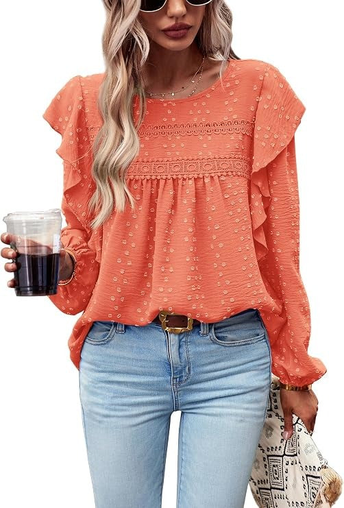 Women's Long Sleeve Shirts, Ruffle Swiss Dot Crochet Loose Fit Tunic, Dressy Casual Tops Blouse, Spring Fashion