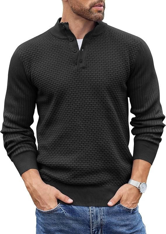 Mens Long Sleeve Henley Sweater, 4 Button Mock Neck Waffle Knit Pullover, Slim Fit Fall Winter Business Casual