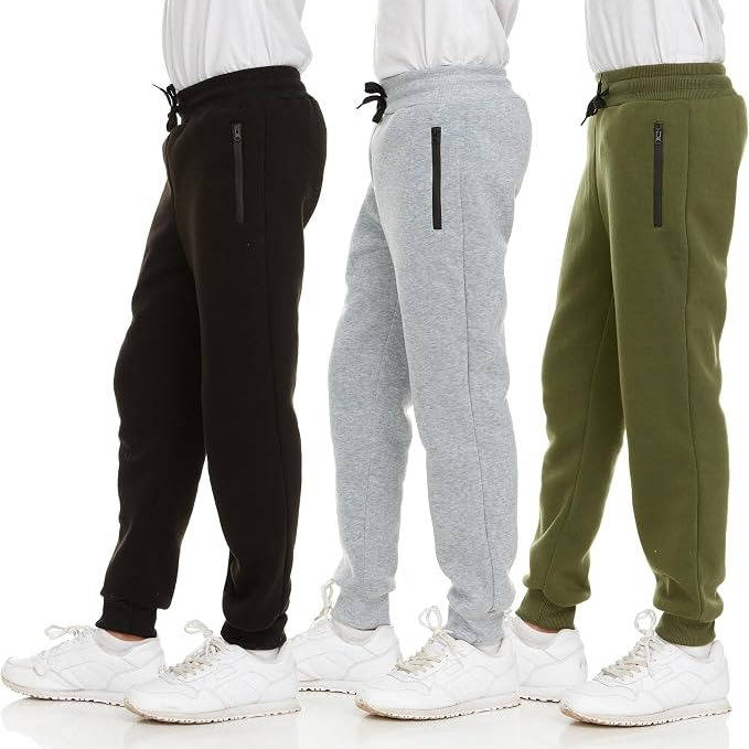 Boys Sweatpants 3 Pack, Fleece Joggers, Athletic Workout Pants with Zipper Pocket, Drawstring