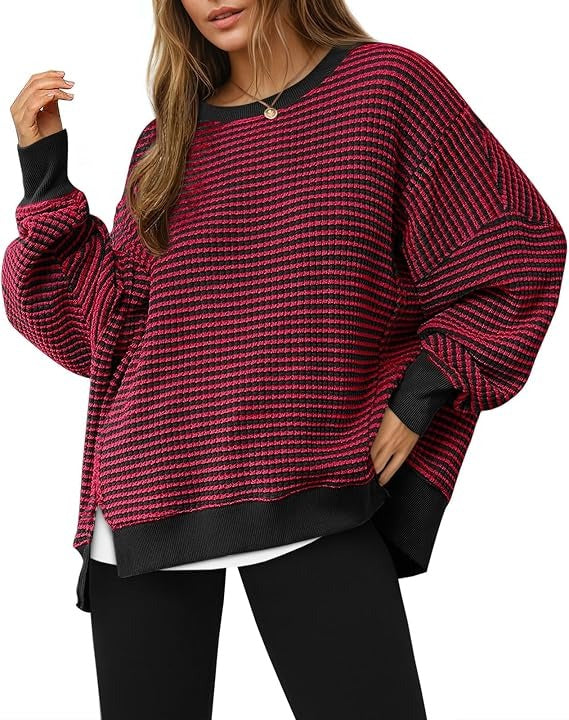Womens Fall Oversized Sweatshirt, Casual Waffle Knit Long Sleeve Crewneck Split Pullover Tunic Tops