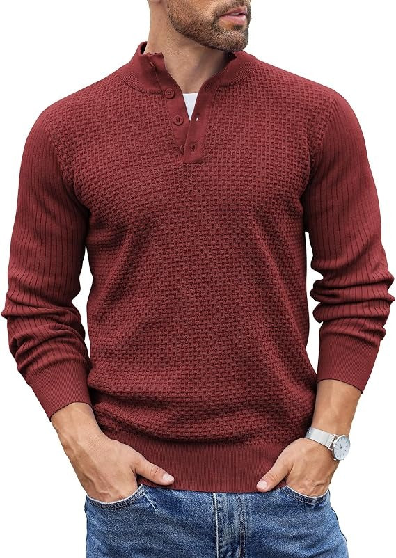 Mens Long Sleeve Henley Sweater, 4 Button Mock Neck Waffle Knit Pullover, Slim Fit Fall Winter Business Casual