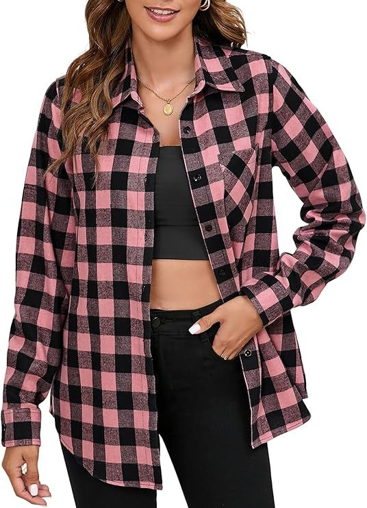 Flannel Shirt for Women, Plaid Western Cowgirl Button Down Shirt, Long Sleeve Oversized Casual Top