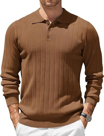 Mens Long Sleeve Knit Polo Shirt, 3 Button Lightweight Slim Fit Sweater, Casual Old Money Style