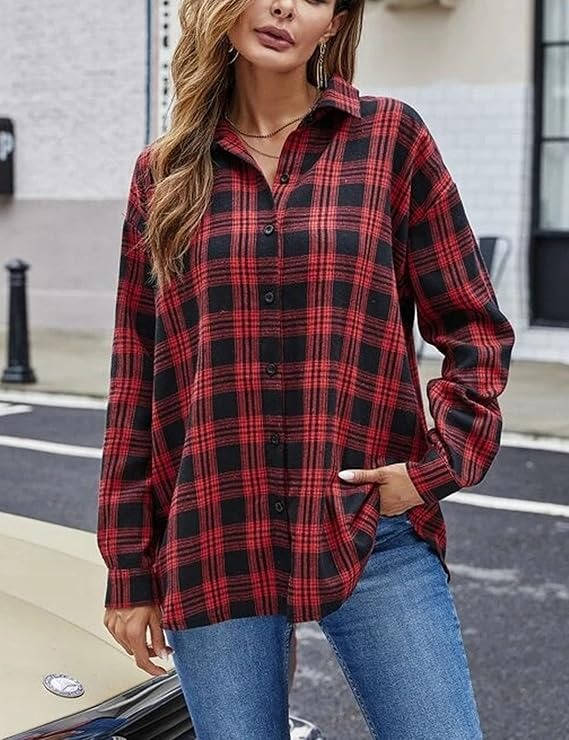 Women's Flannel Plaid Shirts, Oversized Button Down Shirt, Casual Flannel Blouse Top