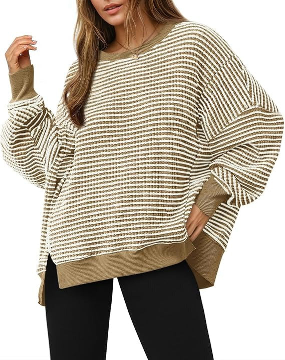 Womens Fall Oversized Sweatshirt, Casual Waffle Knit Long Sleeve Crewneck Split Pullover Tunic Tops