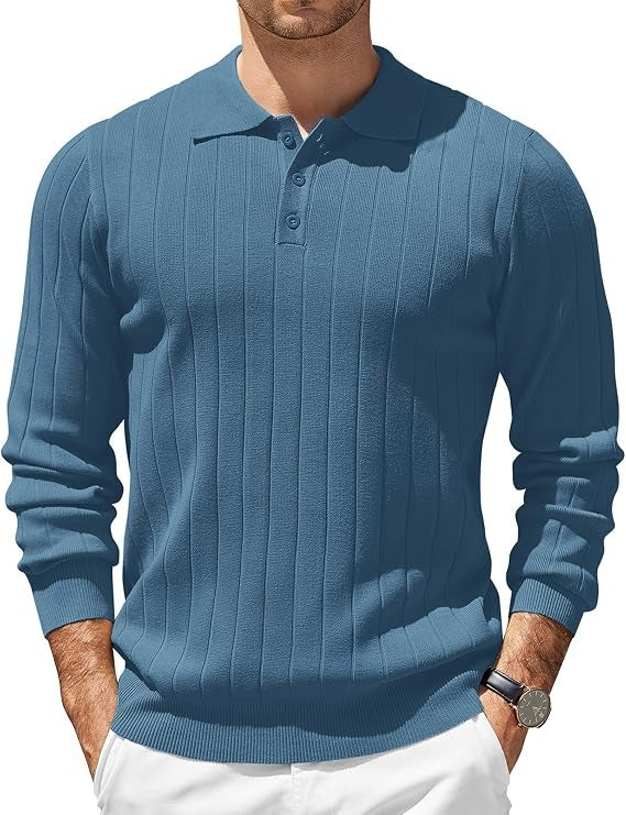 Mens Long Sleeve Knit Polo Shirt, 3 Button Lightweight Slim Fit Sweater, Casual Old Money Style