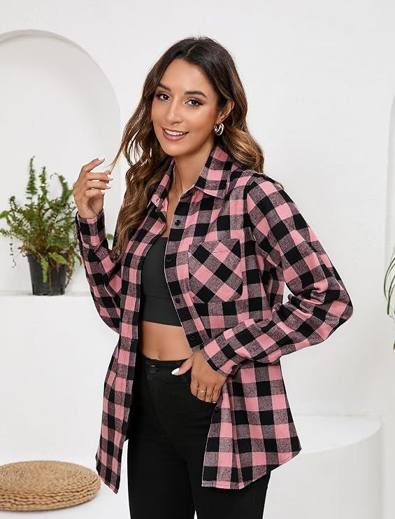 Flannel Shirt for Women, Plaid Western Cowgirl Button Down Shirt, Long Sleeve Oversized Casual Top