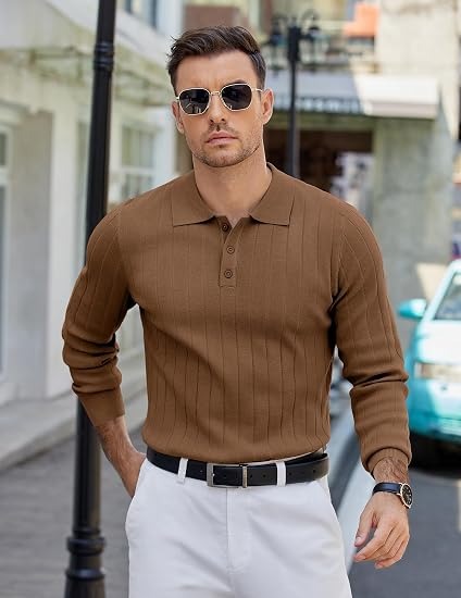 Mens Long Sleeve Knit Polo Shirt, 3 Button Lightweight Slim Fit Sweater, Casual Old Money Style