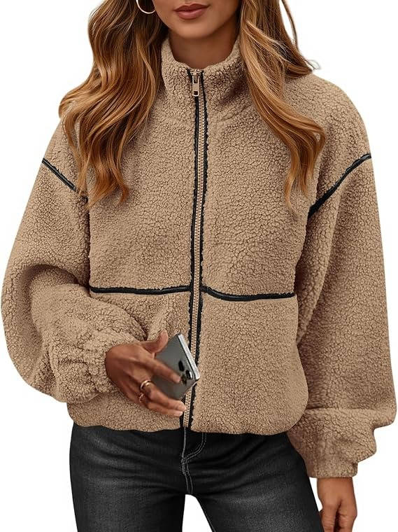 Womens Fleece Zip Up Jacket, Oversized Color Block Teddy Coat with Pockets, Warm Fall Winter Outerwear
