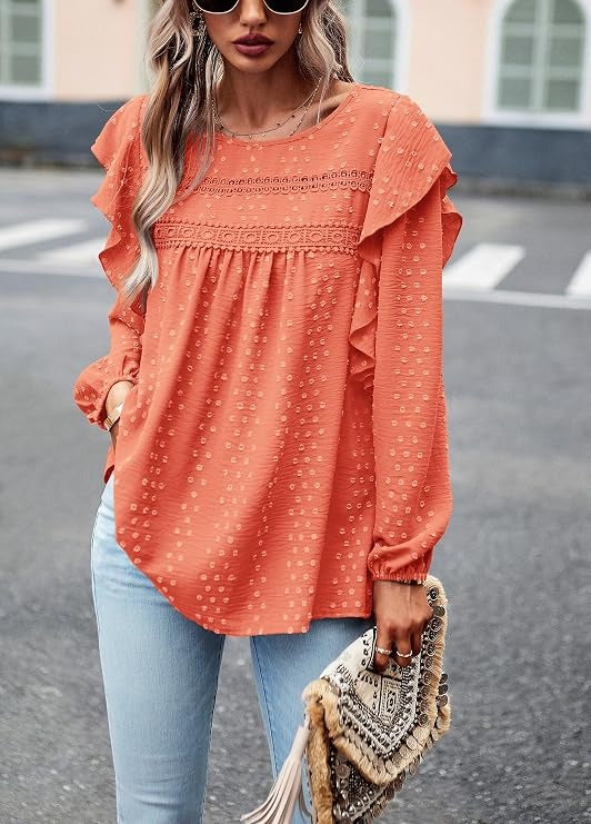 Women's Long Sleeve Shirts, Ruffle Swiss Dot Crochet Loose Fit Tunic, Dressy Casual Tops Blouse, Spring Fashion