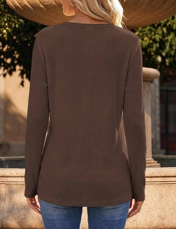 Women's Long Sleeve Waffle Knit Shirts, Dressy Casual Loose Button Up V Neck Tops, Fall Basic Tee Blouse