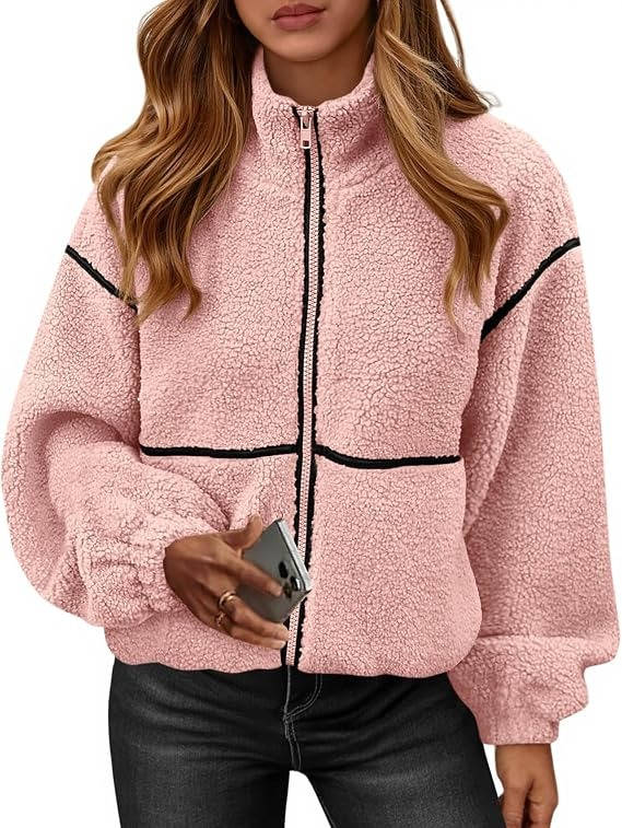 Womens Fleece Zip Up Jacket, Oversized Color Block Teddy Coat with Pockets, Warm Fall Winter Outerwear