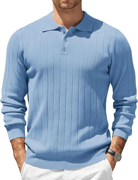 Mens Long Sleeve Knit Polo Shirt, 3 Button Lightweight Slim Fit Sweater, Casual Old Money Style