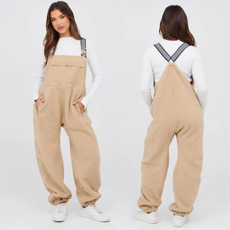 Womens Sherpa Overalls, Fleece Bib Pants, Loose Fit Thermal Jumpsuit with Adjustable Straps and Pockets