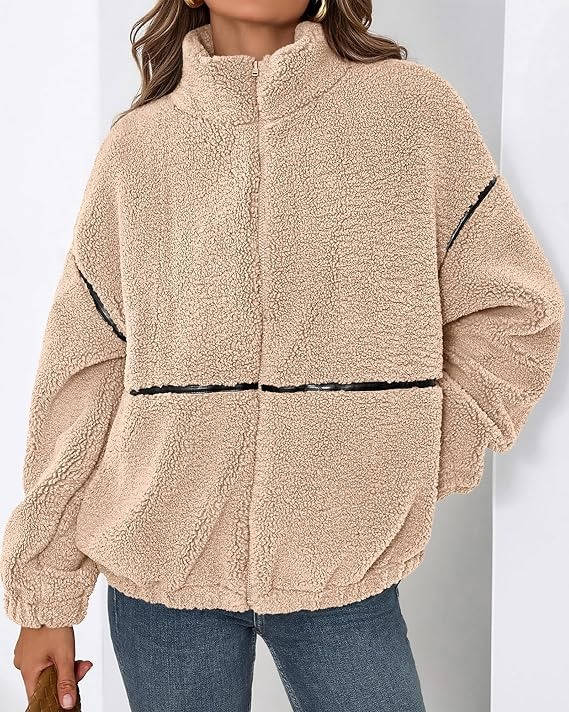 Womens Fleece Zip Up Jacket, Oversized Color Block Teddy Coat with Pockets, Warm Fall Winter Outerwear
