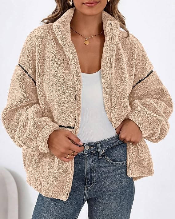 Womens Fleece Zip Up Jacket, Oversized Color Block Teddy Coat with Pockets, Warm Fall Winter Outerwear